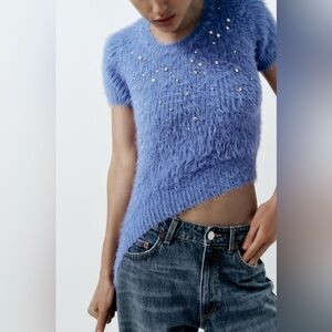 Zara faux fur jewel sweater, fluffy hairy top
